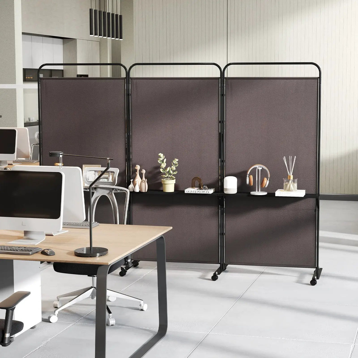 3-Panel Folding Room Divider with 3 Metal Shelves and Lockable Wheels, photo 2 of 11