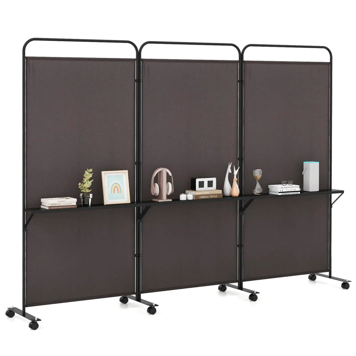 3-Panel Folding Room Divider with 3 Metal Shelves and Lockable Wheels, photo 3 of 11