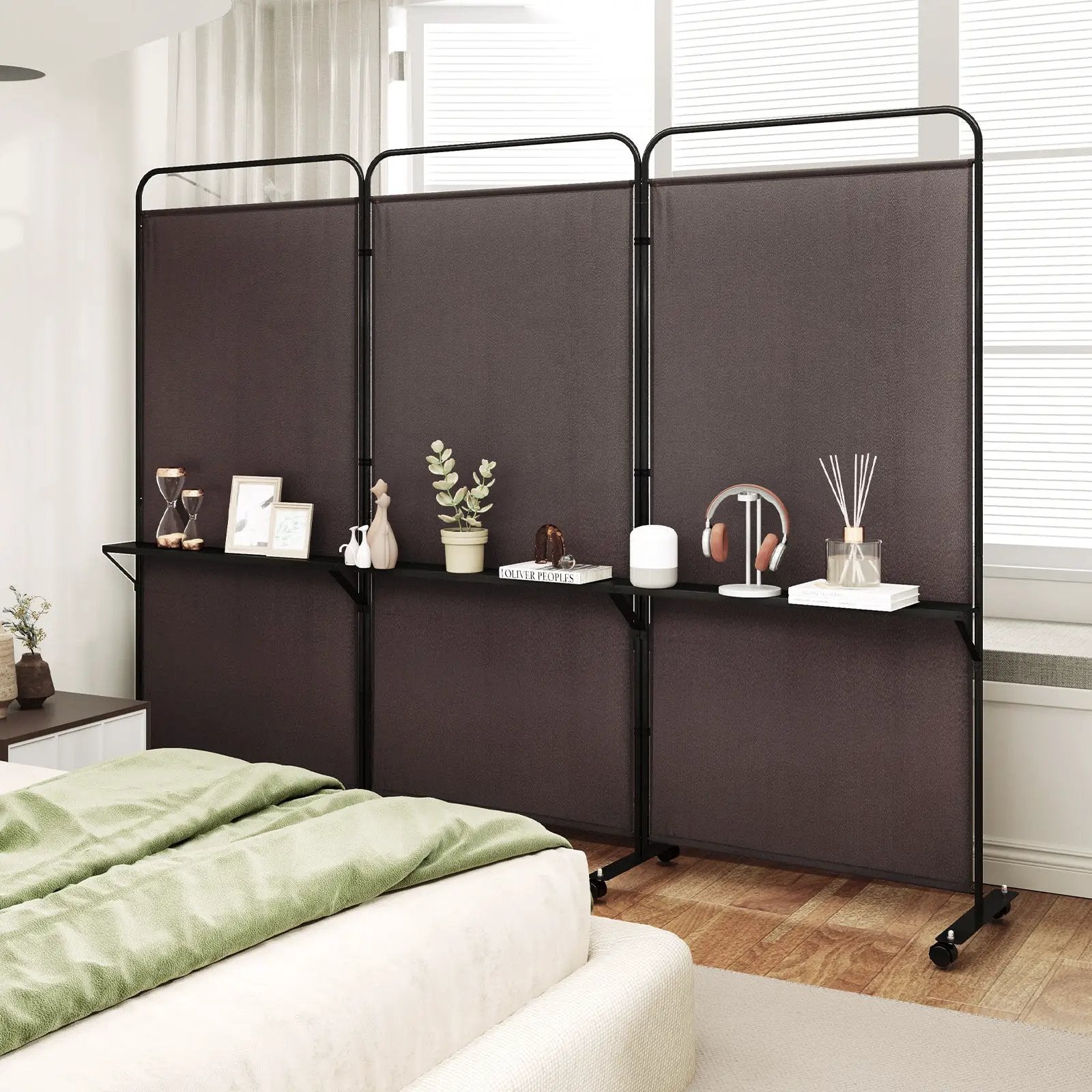 3-Panel Folding Room Divider with 3 Metal Shelves and Lockable Wheels by DirectDeals