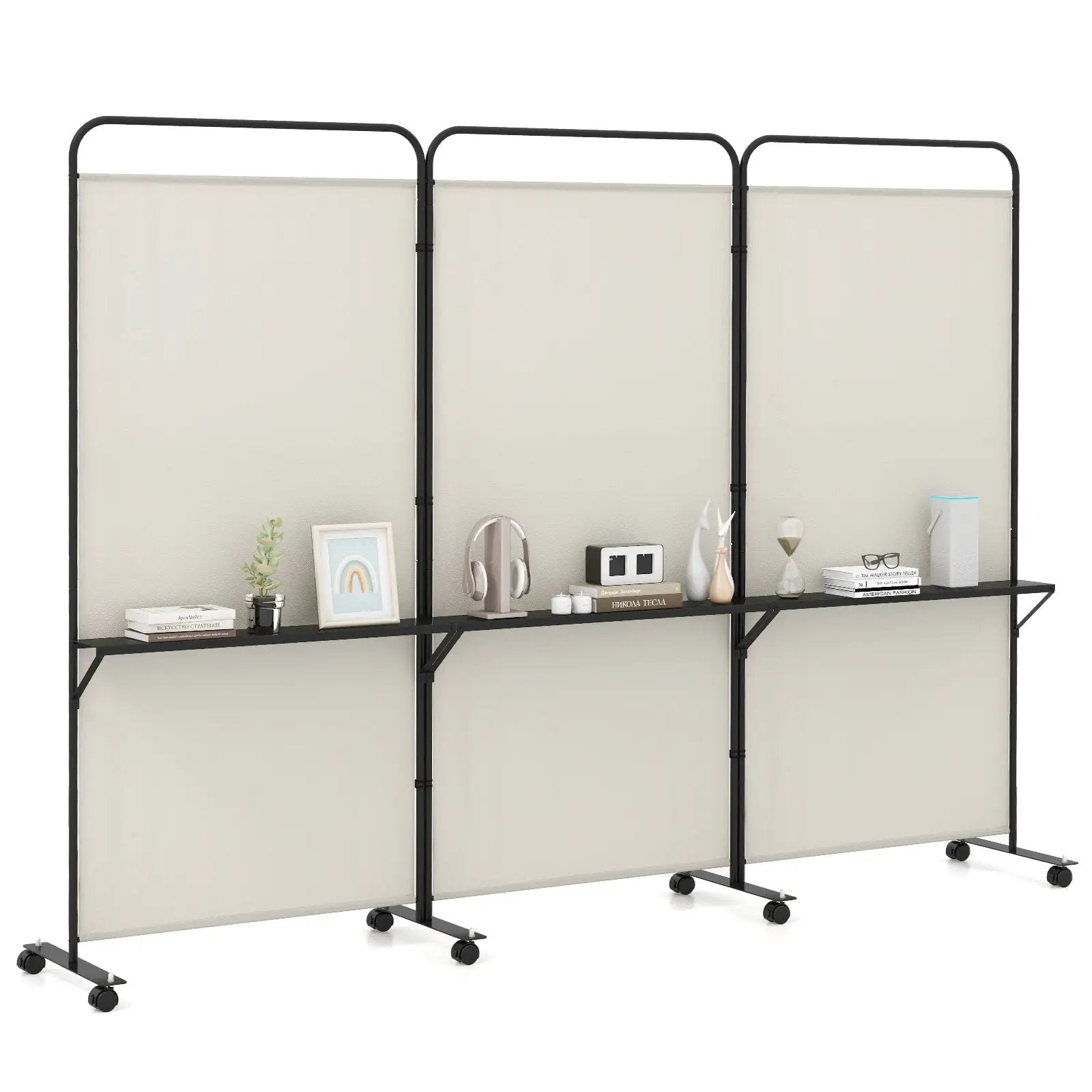 3-Panel Folding Room Divider with 3 Metal Shelves and Lockable Wheels by DirectDeals