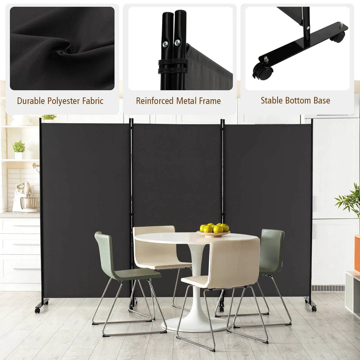 3 Panel Folding Room Divider with Lockable Wheels, detail