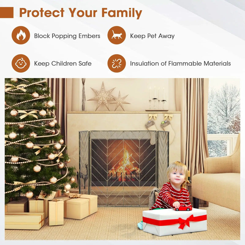 3-Panel Metal Foldable Fireplace Screen with Metal Mesh by DirectDeals