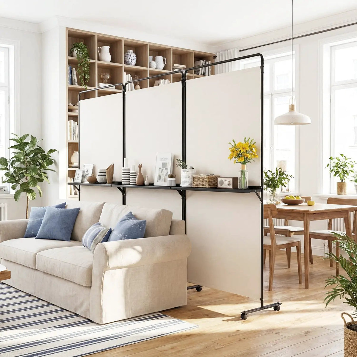3-Panel Room Divider with Shelves 6 FT Tall Folding Privacy Screen with Lockable Wheels, photo 4 of 24