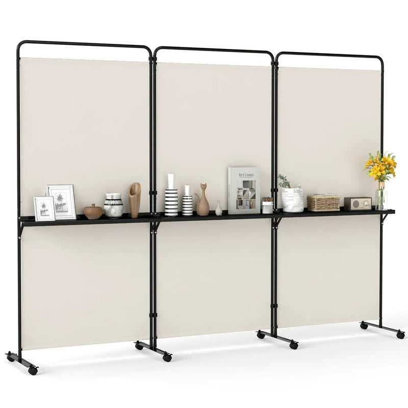 3-Panel Room Divider with Shelves 6 FT Tall Folding Privacy Screen with Lockable Wheels by DirectDeals