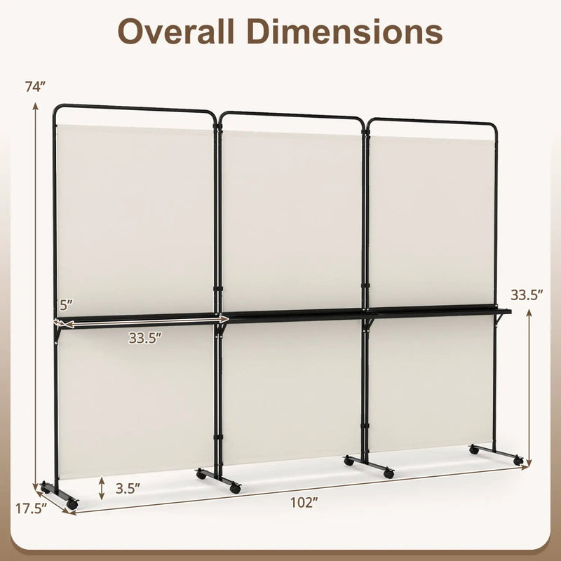 3-Panel Room Divider with Shelves 6 FT Tall Folding Privacy Screen with Lockable Wheels by DirectDeals