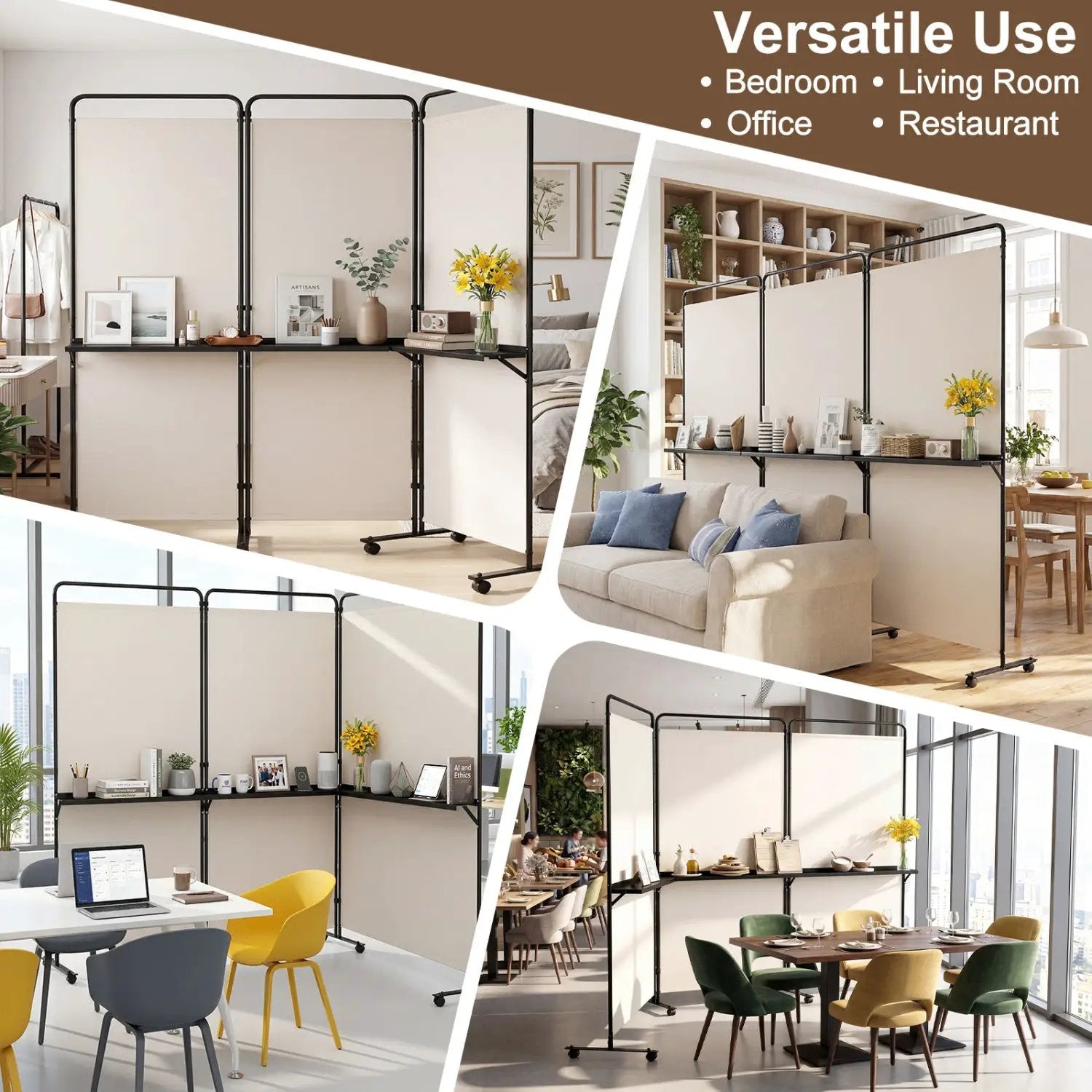 3-Panel Room Divider with Shelves 6 FT Tall Folding Privacy Screen with Lockable Wheels by DirectDeals
