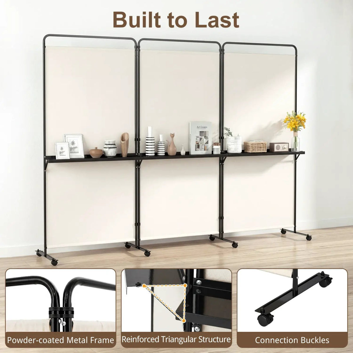 3-Panel Room Divider with Shelves 6 FT Tall Folding Privacy Screen with Lockable Wheels, photo 8 of 24
