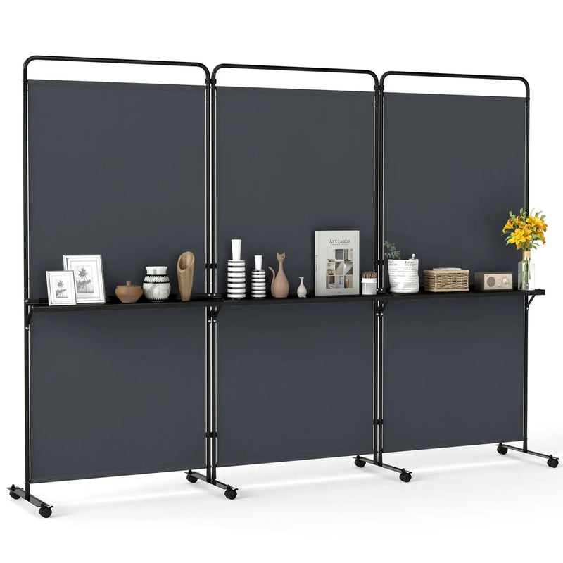 3-Panel Room Divider with Shelves 6 FT Tall Folding Privacy Screen with Lockable Wheels by DirectDeals