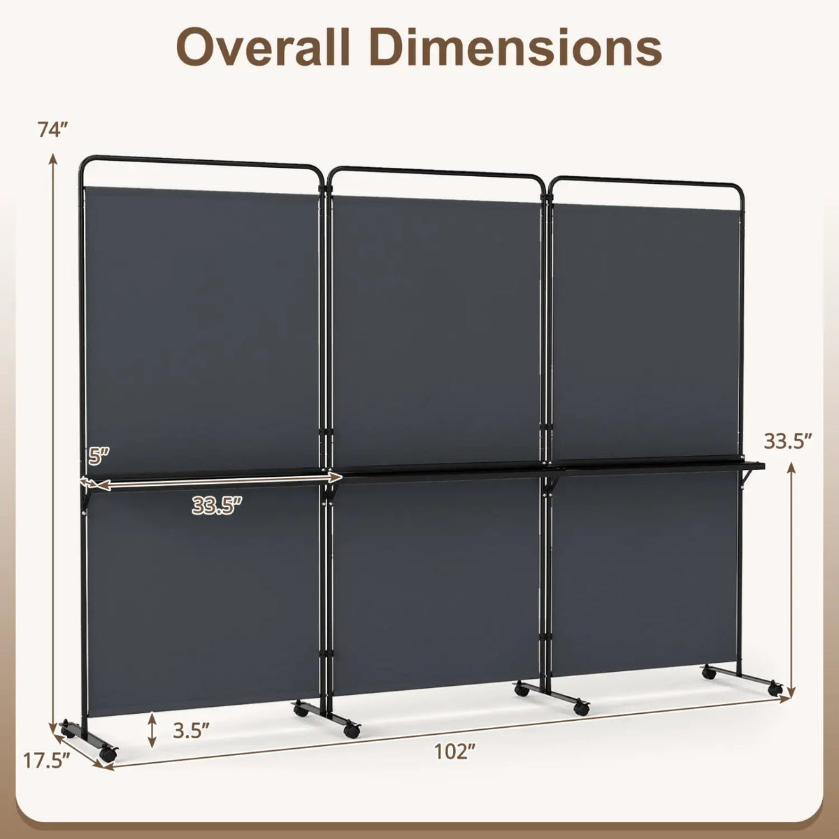 3-Panel Room Divider with Shelves 6 FT Tall Folding Privacy Screen with Lockable Wheels, photo 13 of 24