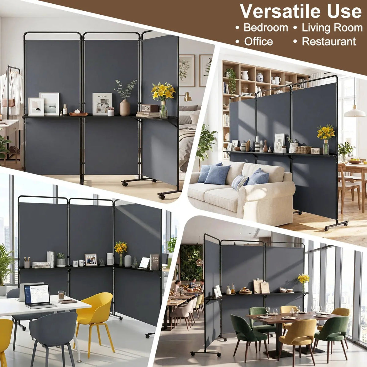 3-Panel Room Divider with Shelves 6 FT Tall Folding Privacy Screen with Lockable Wheels, photo 14 of 24