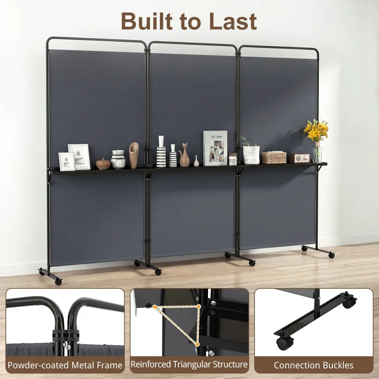 3-Panel Room Divider with Shelves 6 FT Tall Folding Privacy Screen with Lockable Wheels by DirectDeals