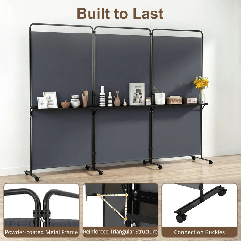 3-Panel Room Divider with Shelves 6 FT Tall Folding Privacy Screen with Lockable Wheels by DirectDeals