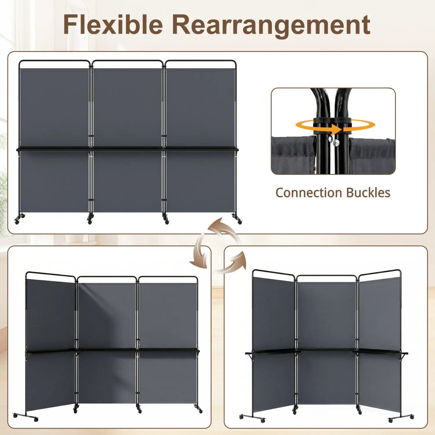 3-Panel Room Divider with Shelves 6 FT Tall Folding Privacy Screen with Lockable Wheels by DirectDeals