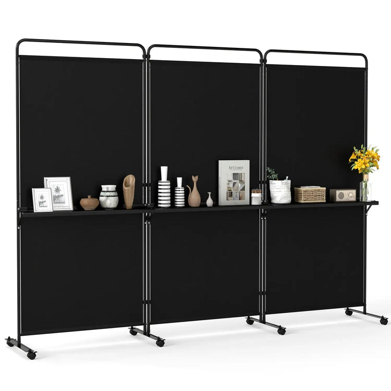 3-Panel Room Divider with Shelves 6 FT Tall Folding Privacy Screen with Lockable Wheels by DirectDeals
