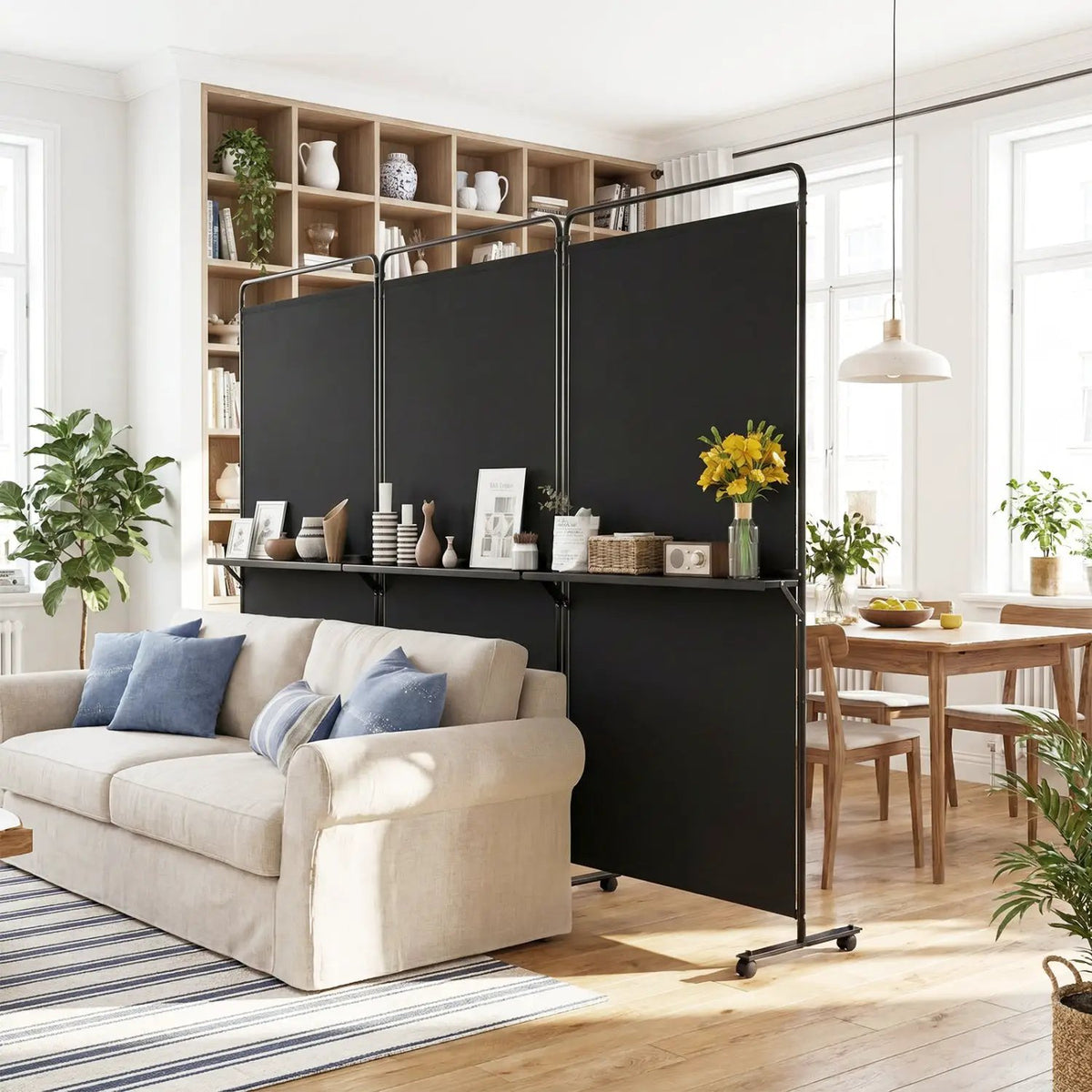 3-Panel Room Divider with Shelves 6 FT Tall Folding Privacy Screen with Lockable Wheels, photo 18 of 24