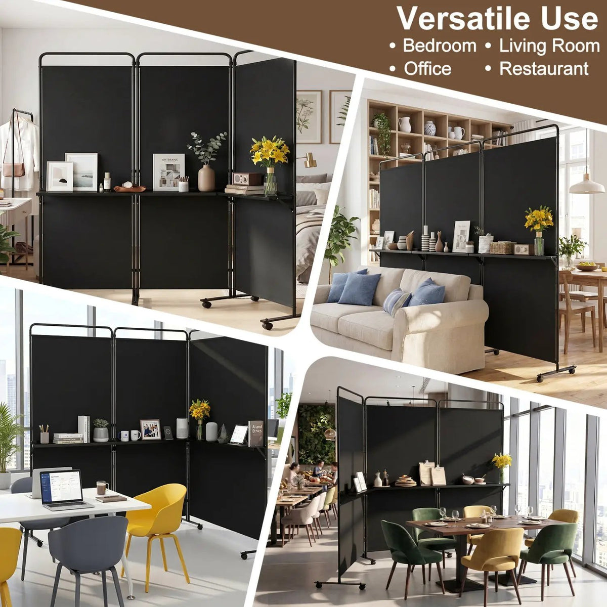 3-Panel Room Divider with Shelves 6 FT Tall Folding Privacy Screen with Lockable Wheels, photo 21 of 24