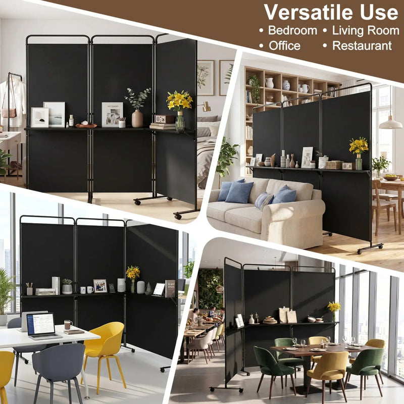 3-Panel Room Divider with Shelves 6 FT Tall Folding Privacy Screen with Lockable Wheels by DirectDeals