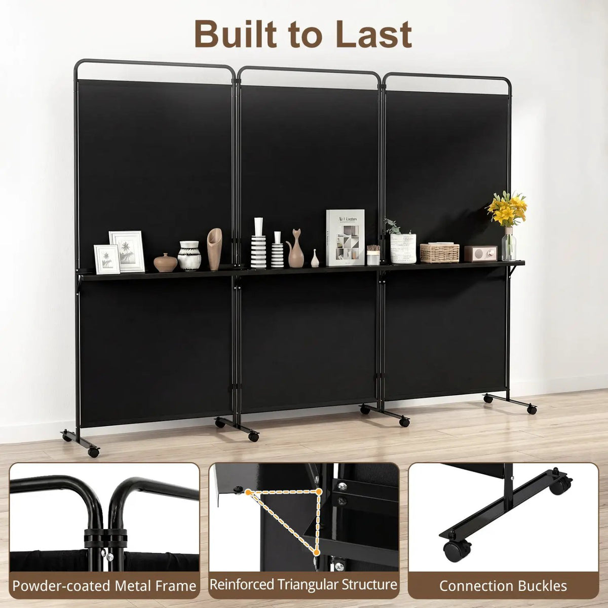3-Panel Room Divider with Shelves 6 FT Tall Folding Privacy Screen with Lockable Wheels, photo 22 of 24