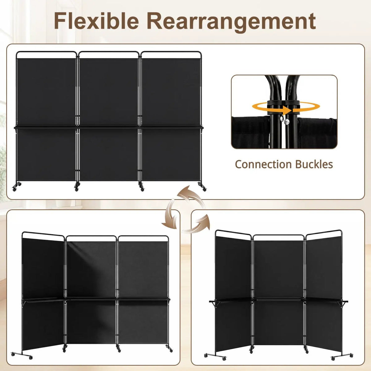 3-Panel Room Divider with Shelves 6 FT Tall Folding Privacy Screen with Lockable Wheels, photo 23 of 24