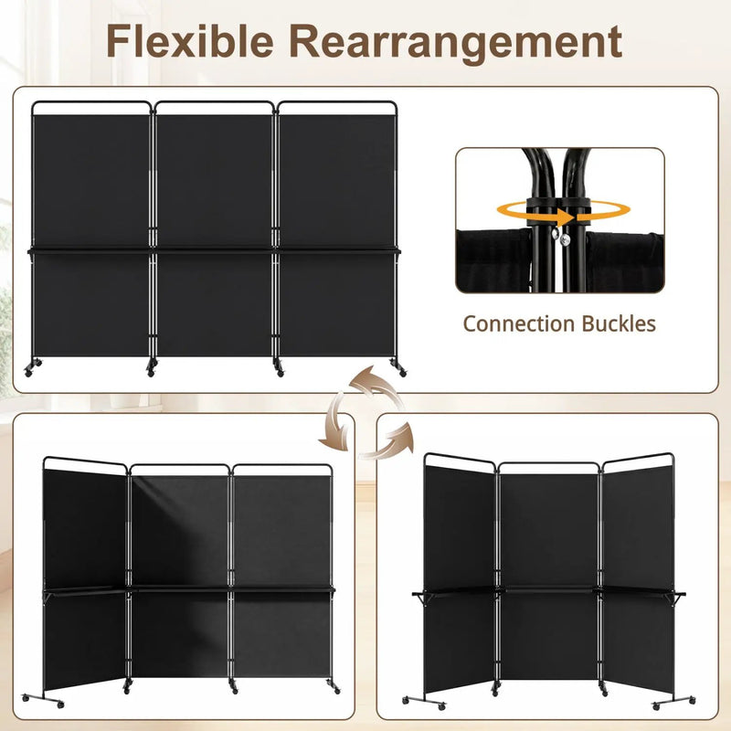 3-Panel Room Divider with Shelves 6 FT Tall Folding Privacy Screen with Lockable Wheels by DirectDeals