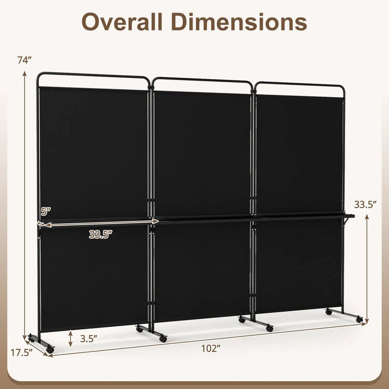 3-Panel Room Divider with Shelves 6 FT Tall Folding Privacy Screen with Lockable Wheels by DirectDeals