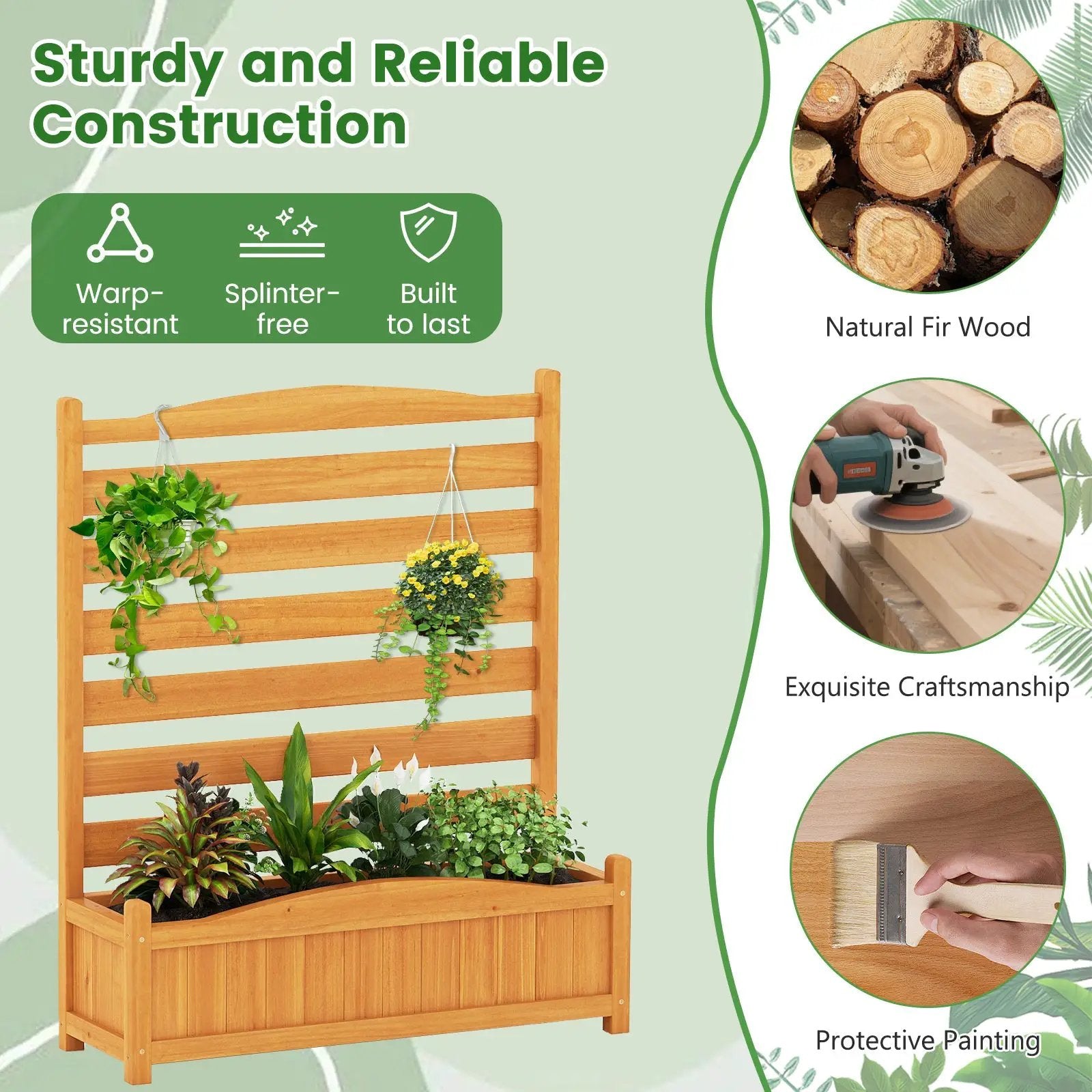 3-Panel Wood Air Conditioner Fence with Planter Box Freestanding Privacy Screen-Yellow by DirectDeals