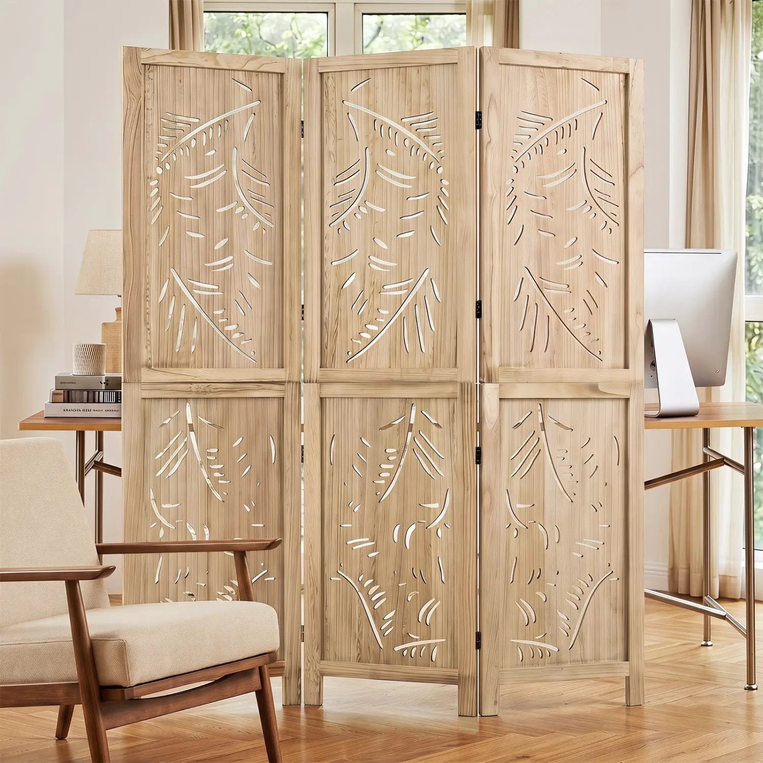 3-Panel Room Divider with Palm Leaf Design - 67" Tall by DirectDeals