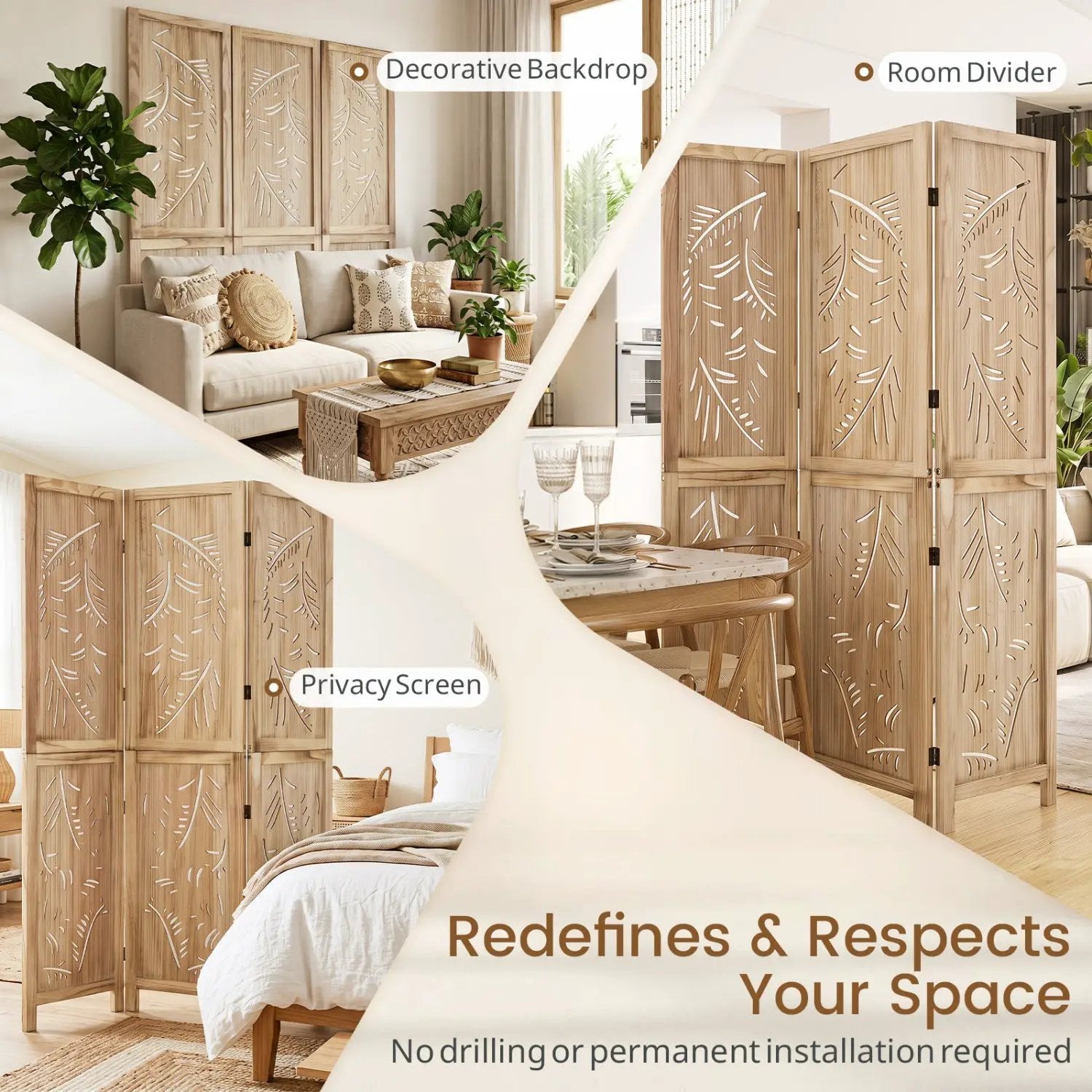 3-Panel Room Divider with Palm Leaf Design - 67" Tall by DirectDeals