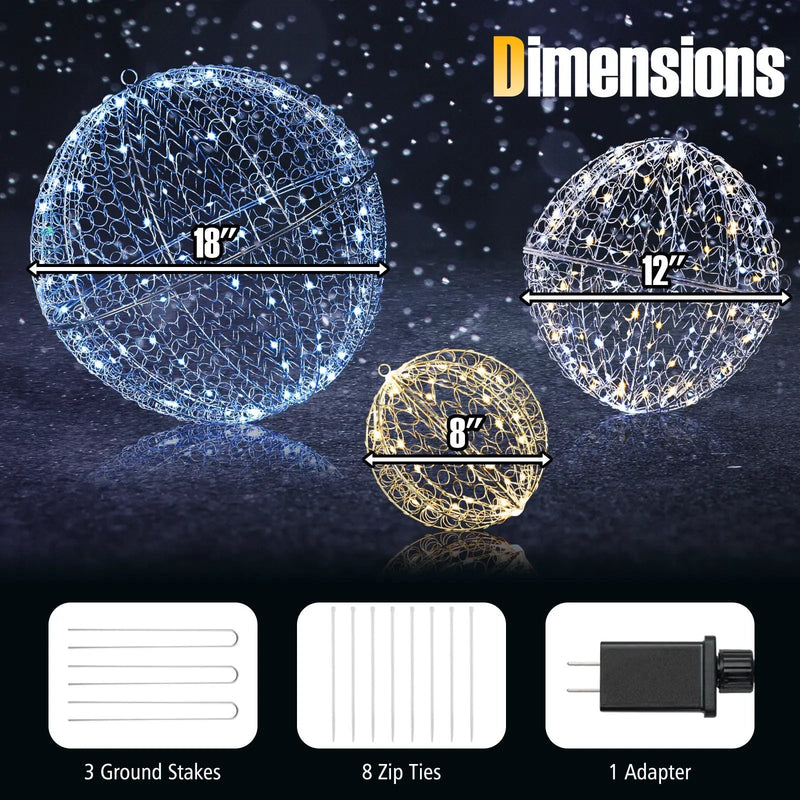 3 Pcs Lighted Christmas Balls Large Standing/Hanging Metal Sphere Lights with 435 LEDs by DirectDeals