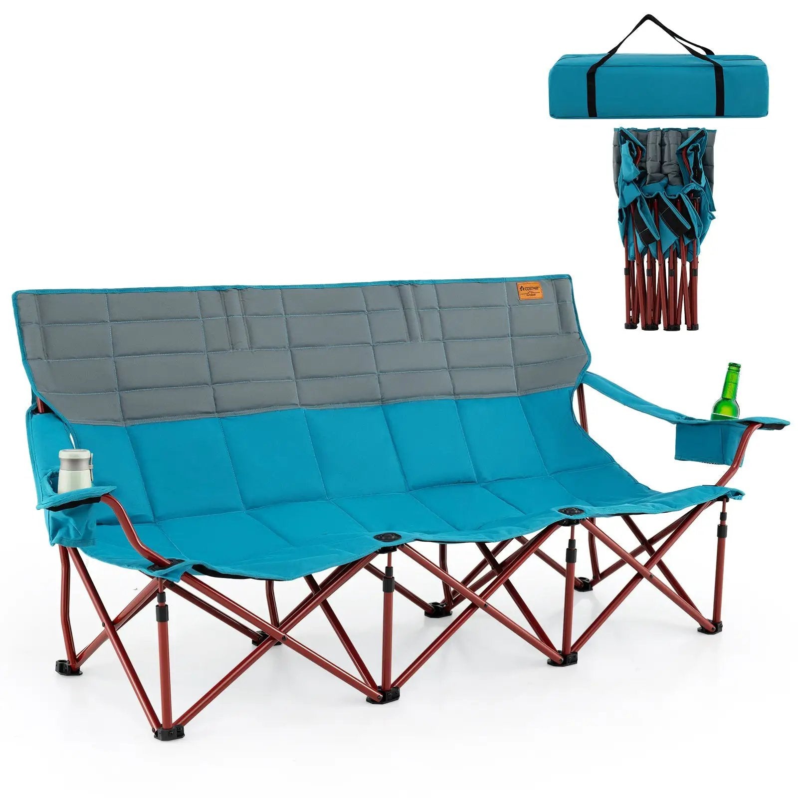 3 Person Folding Camping Chair with 2 Cup Holders Cotton Padding & Storage Bag by DirectDeals