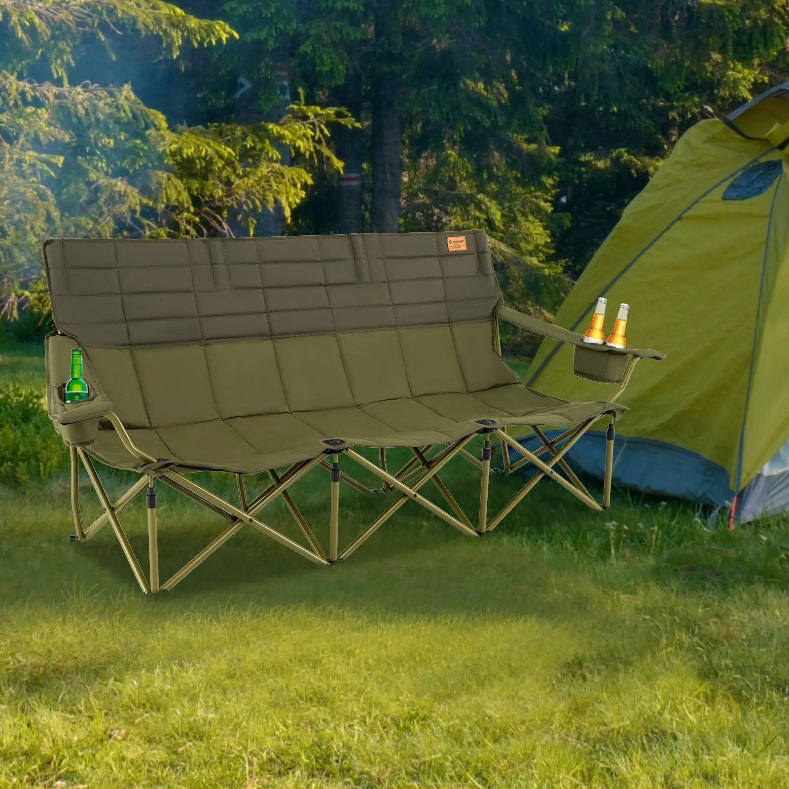 3 Person Folding Camping Chair with 2 Cup Holders Cotton Padding & Storage Bag by DirectDeals
