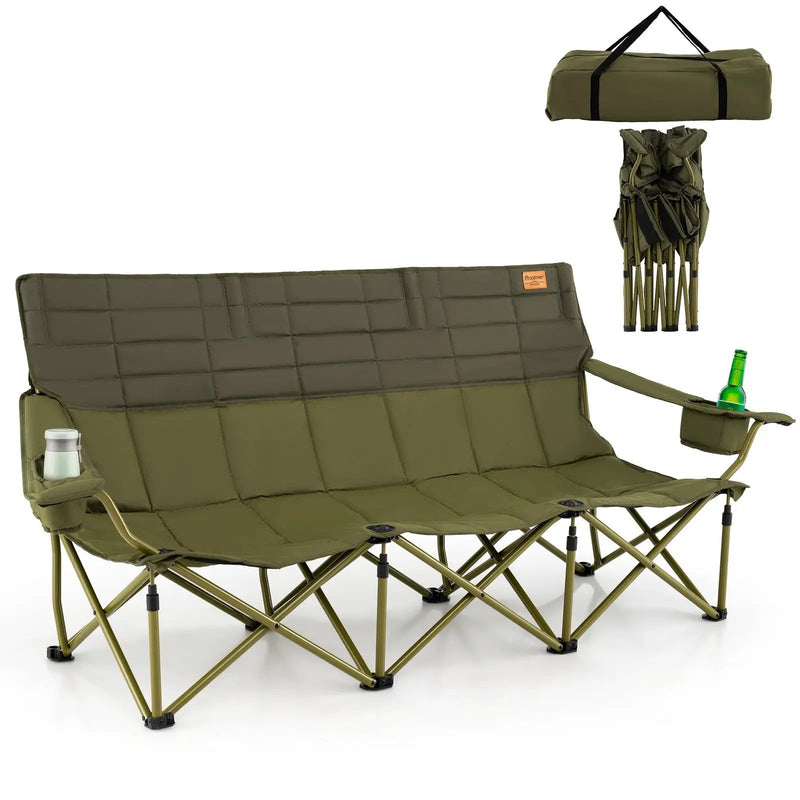 3 Person Folding Camping Chair with 2 Cup Holders Cotton Padding & Storage Bag by DirectDeals