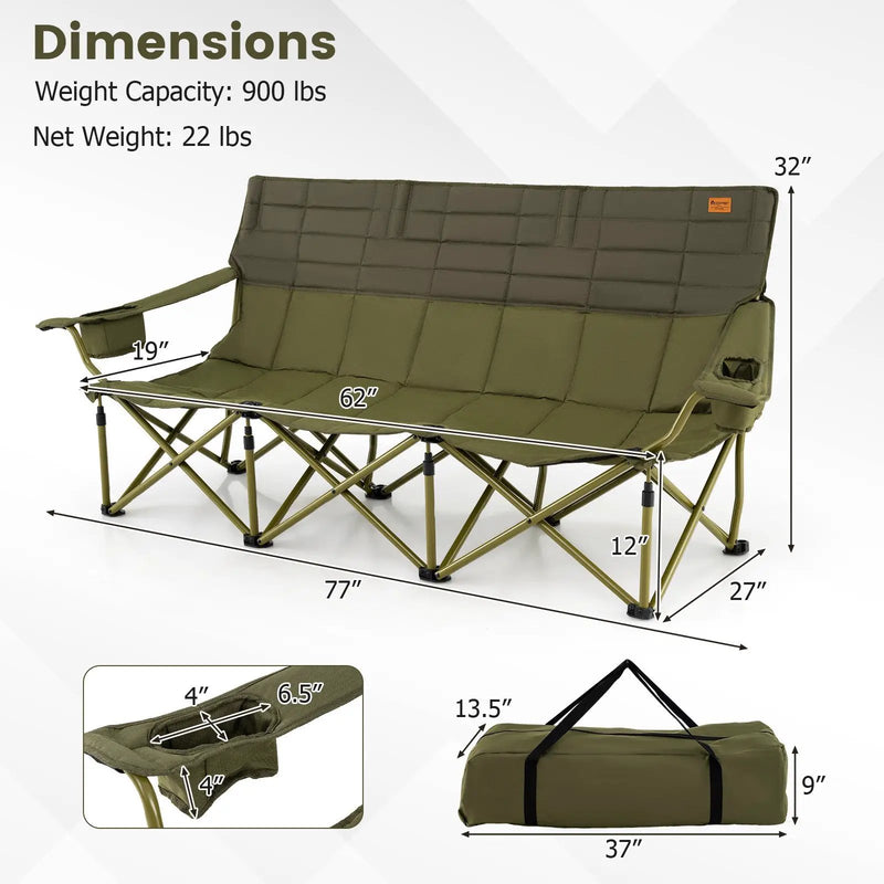 3 Person Folding Camping Chair with 2 Cup Holders Cotton Padding & Storage Bag by DirectDeals