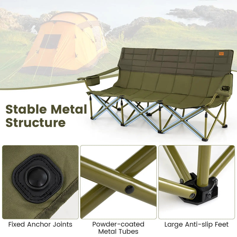 3 Person Folding Camping Chair with 2 Cup Holders Cotton Padding & Storage Bag by DirectDeals