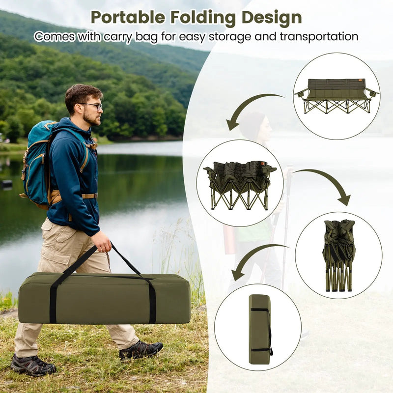 3 Person Folding Camping Chair with 2 Cup Holders Cotton Padding & Storage Bag by DirectDeals