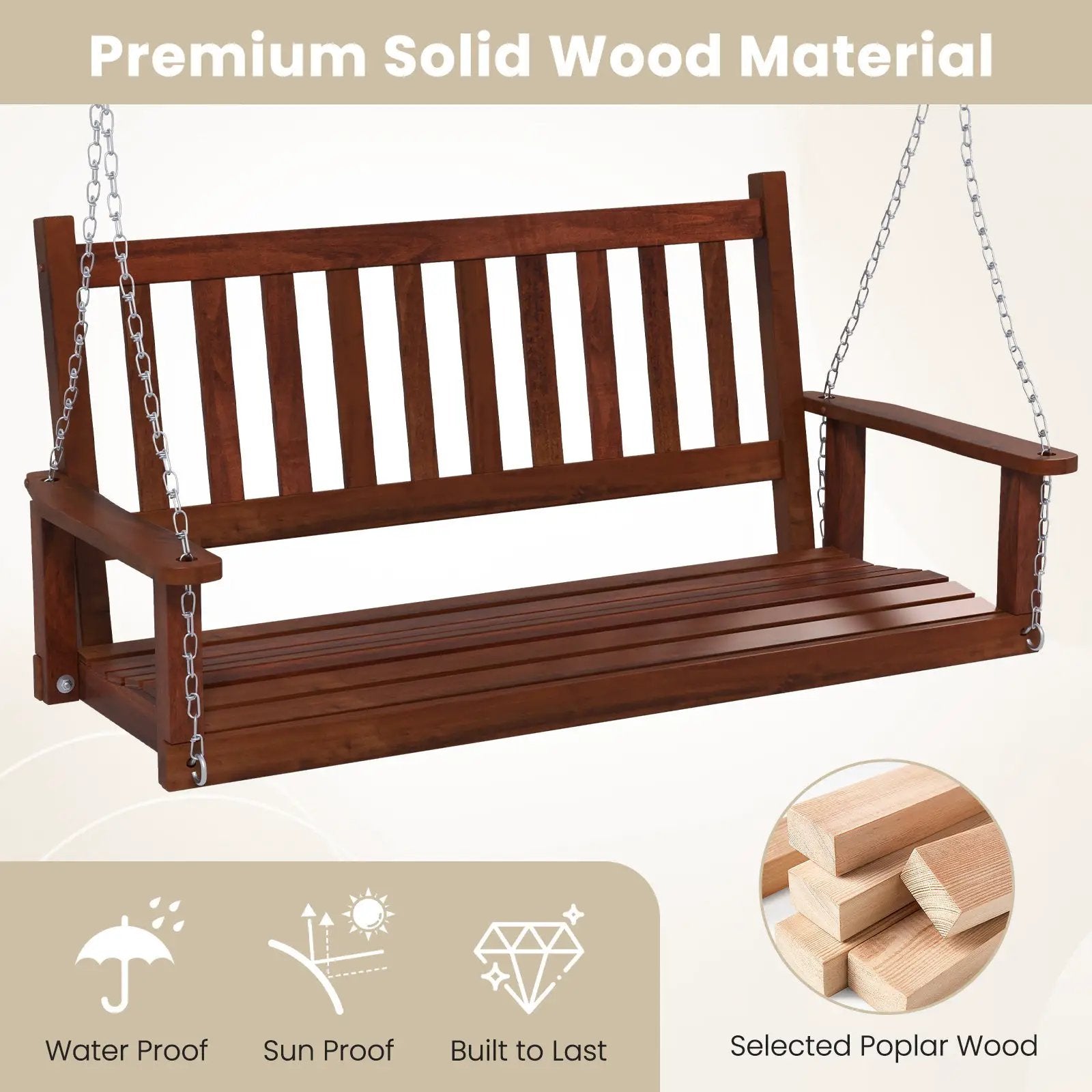 3-Person Wooden Outdoor Porch Swing with 800 lbs Weight Capacity by DirectDeals