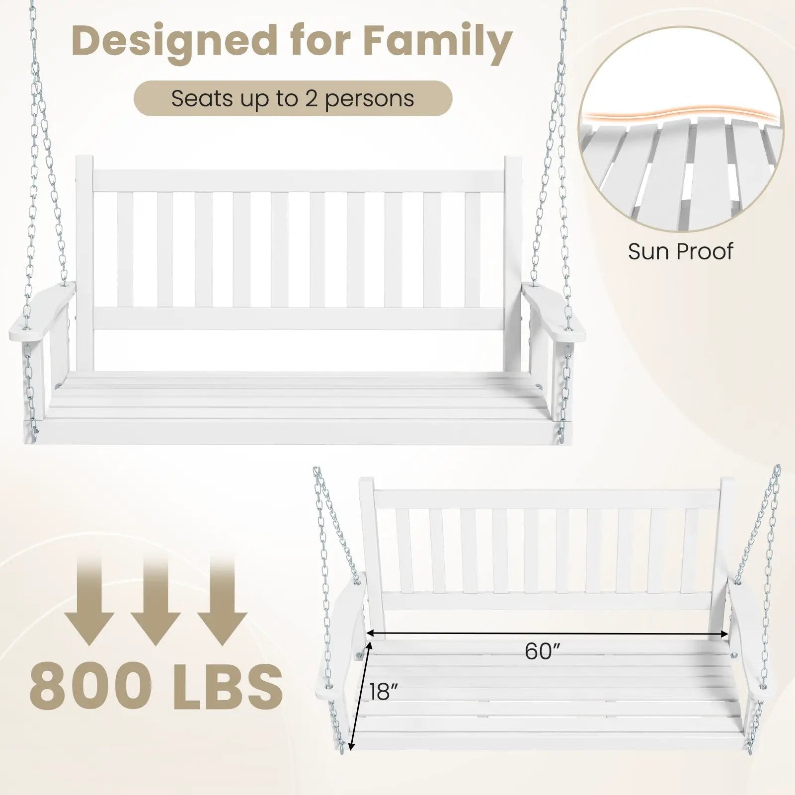 3-Person Wooden Outdoor Porch Swing with 800 lbs Weight Capacity by DirectDeals