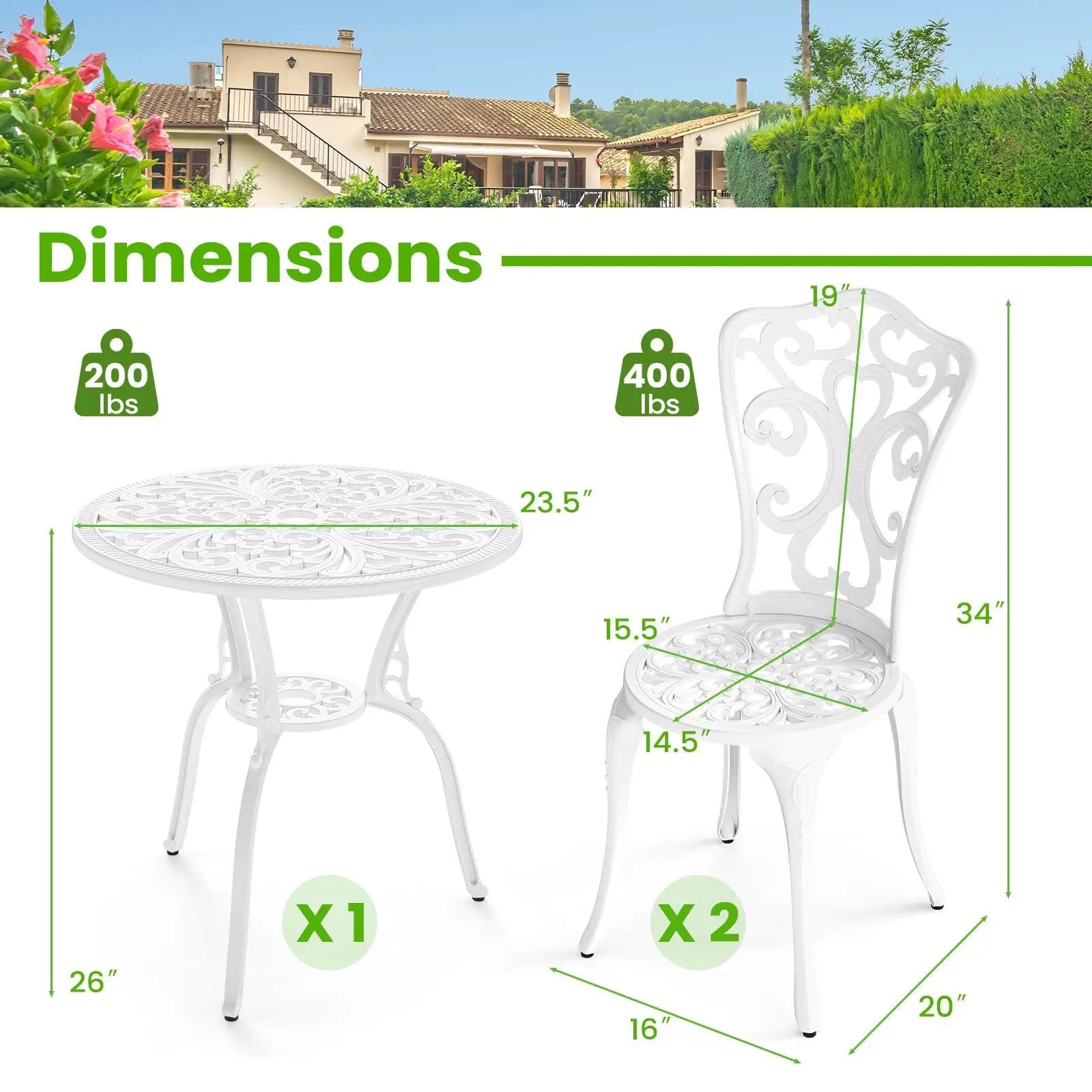 3 Piece All Weather Cast Aluminum Bistro Chairs and Table with Umbrella Holes-White by DirectDeals