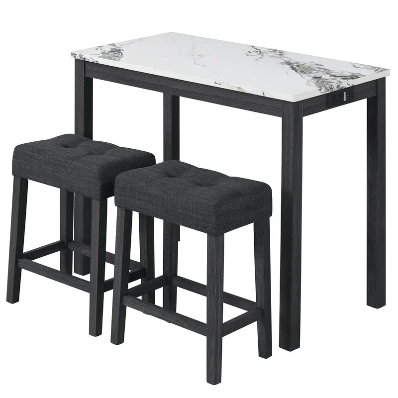 3-Piece Bar Table Set with Charging Station and Faux Marble Top by DirectDeals