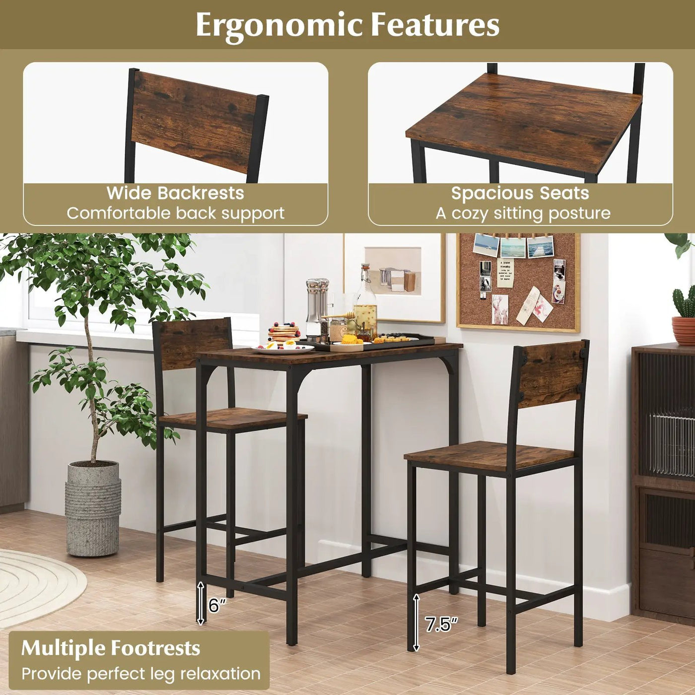 3 Piece Bar Table Set with Backrest and Footrest for Small Space by DirectDeals