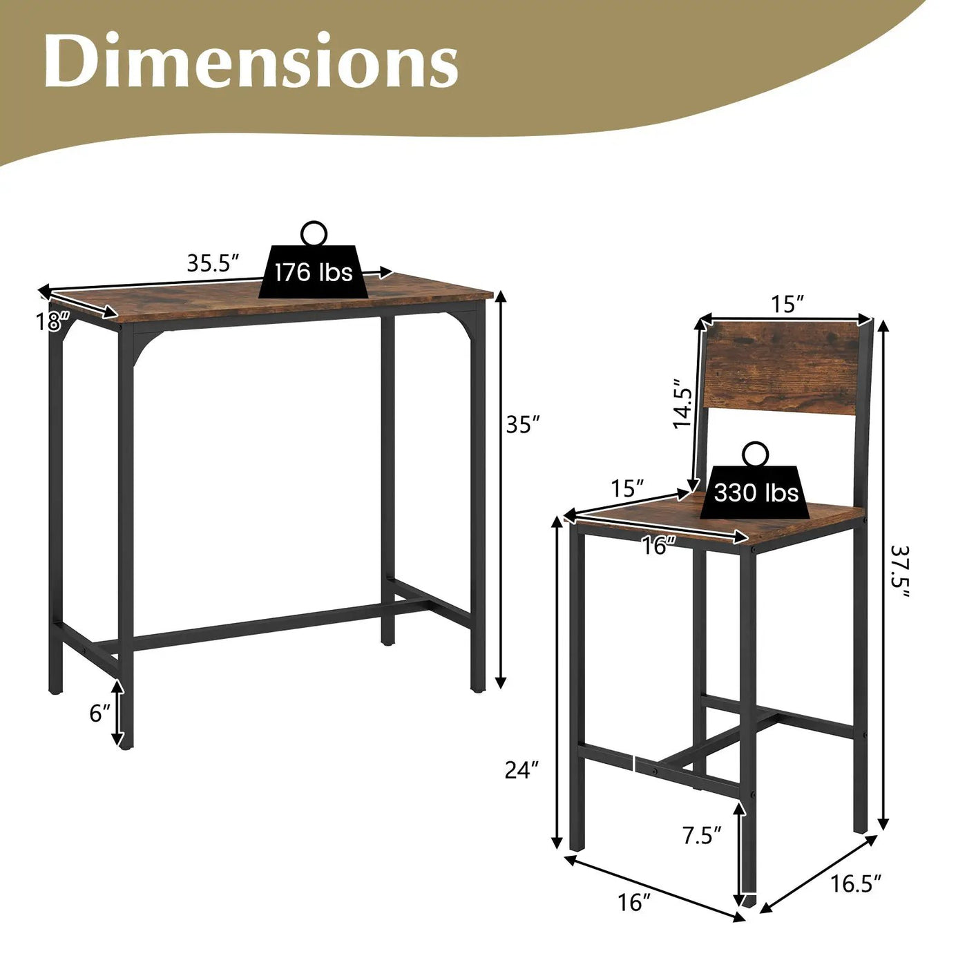 3 Piece Bar Table Set with Backrest and Footrest for Small Space by DirectDeals