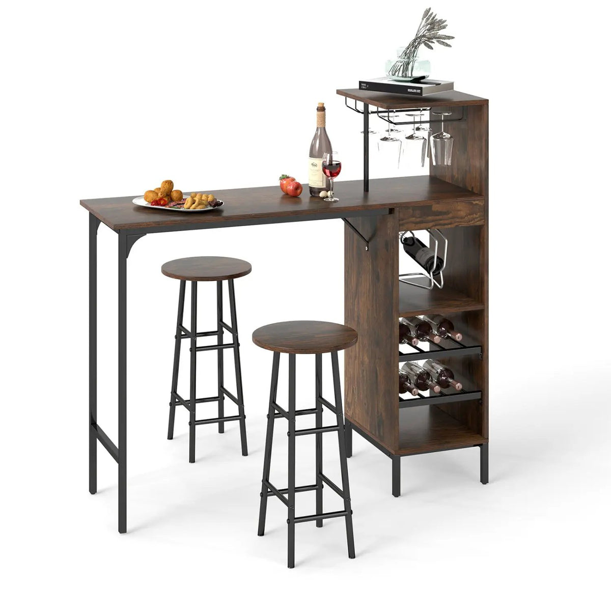 3 Piece Bar Table and Chairs Set with 6-Bottle Wine Rack-Brown by DirectDeals