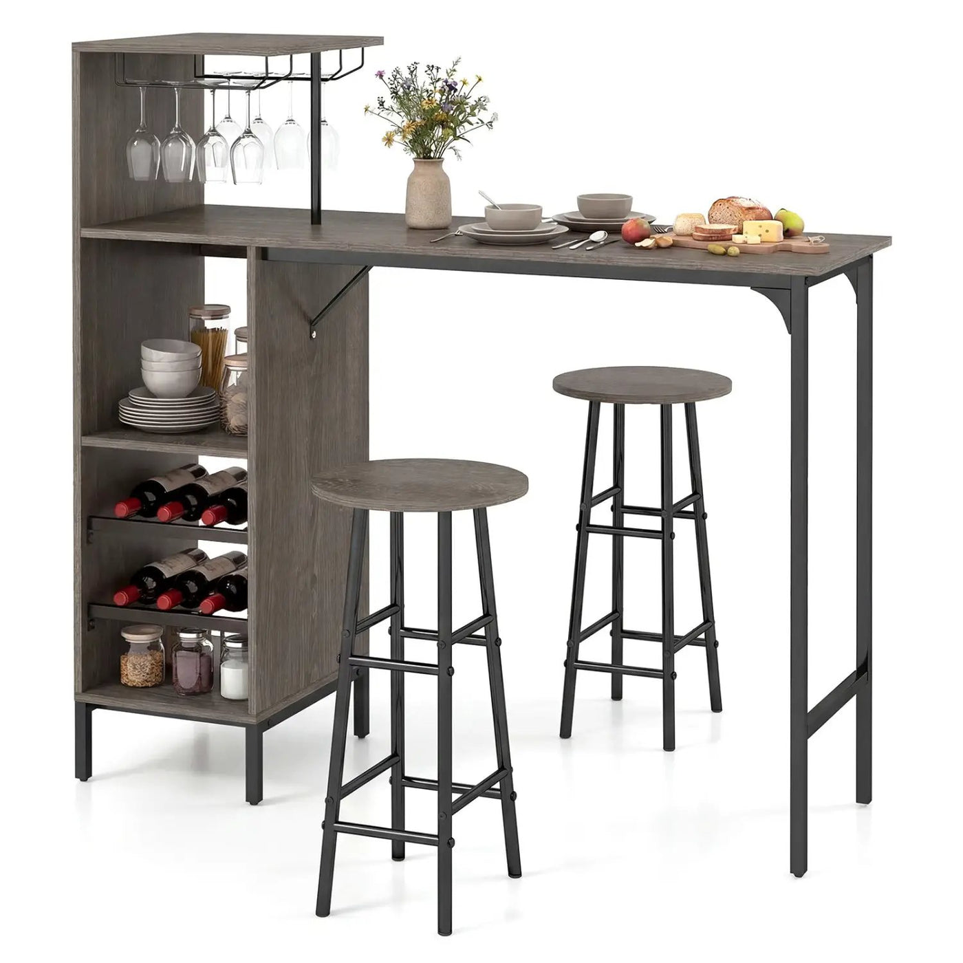 3 Piece Bar Table and Chairs Set with 6-Bottle Wine Rack-Brown by DirectDeals