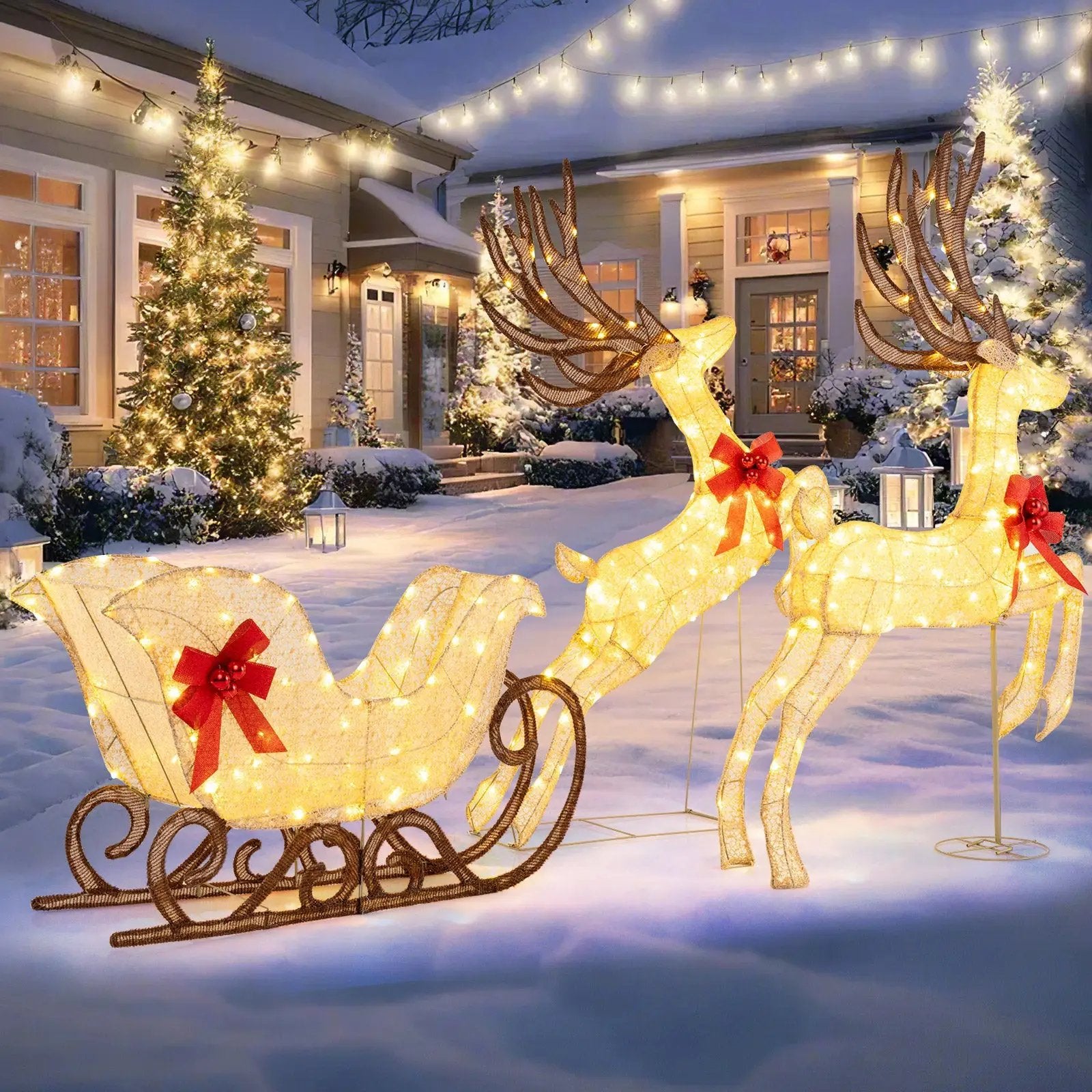 3-Piece Christmas Lighted Reindeer and Sleigh Set for Lawn & Garden by DirectDeals