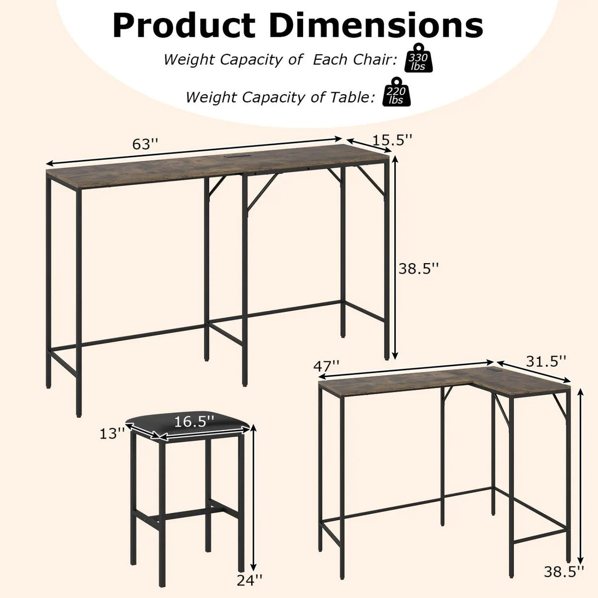 3-Piece Convertible Dining Set with Built-In Charging Station, photo 21 of 24