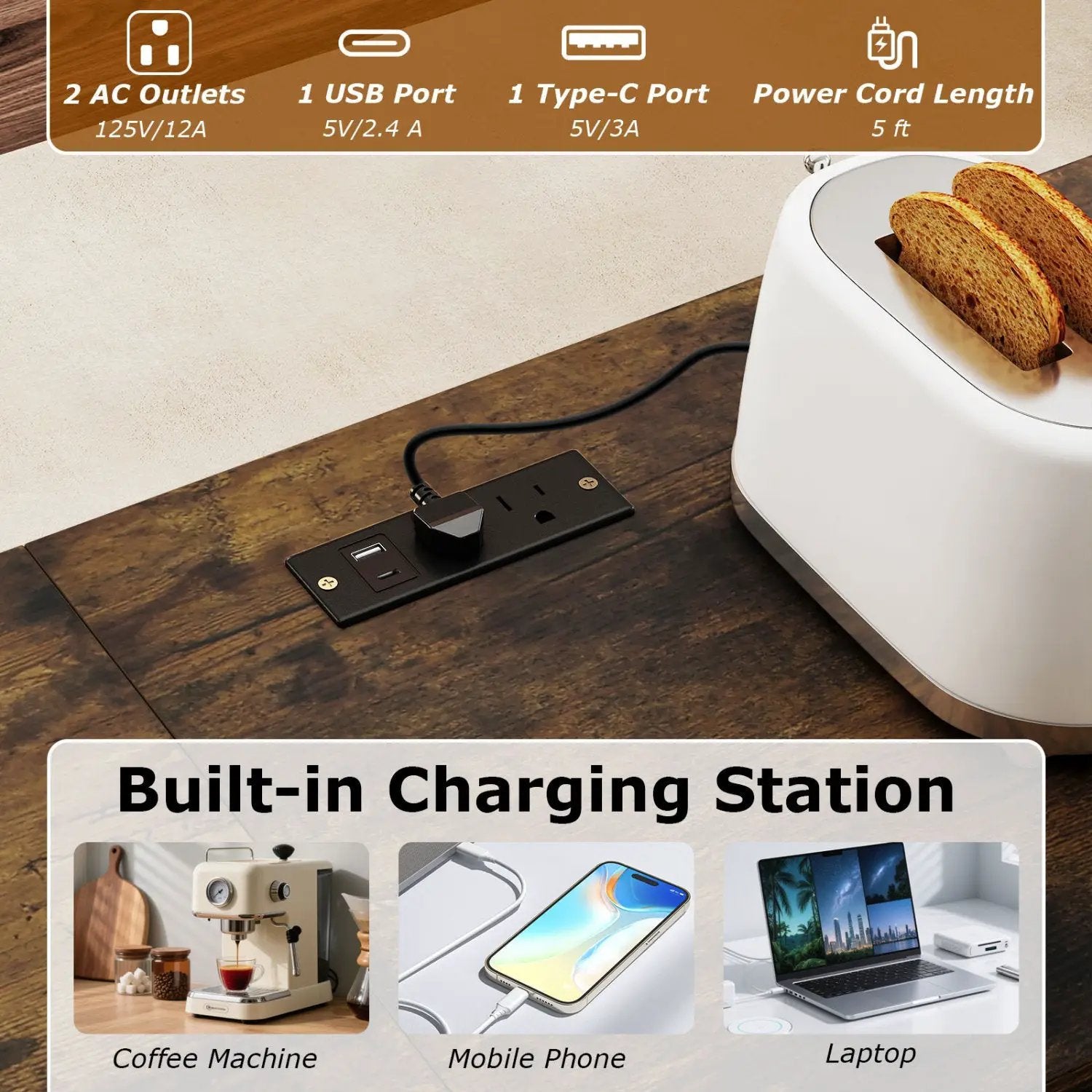 3-Piece Convertible Dining Set with Built-In Charging Station by DirectDeals