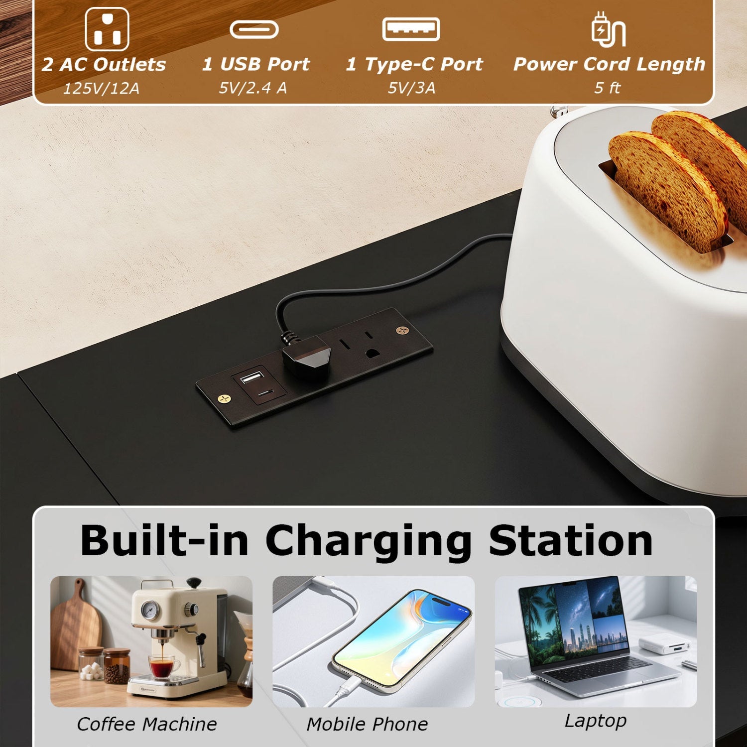 3-Piece Convertible Dining Set with Built-In Charging Station by DirectDeals