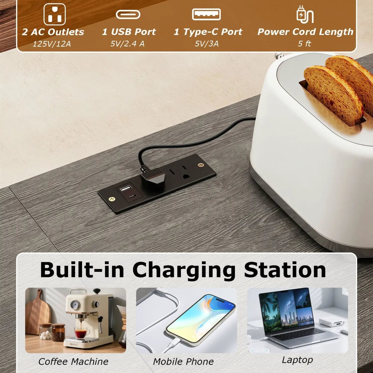 3-Piece Convertible Dining Set with Built-In Charging Station by DirectDeals