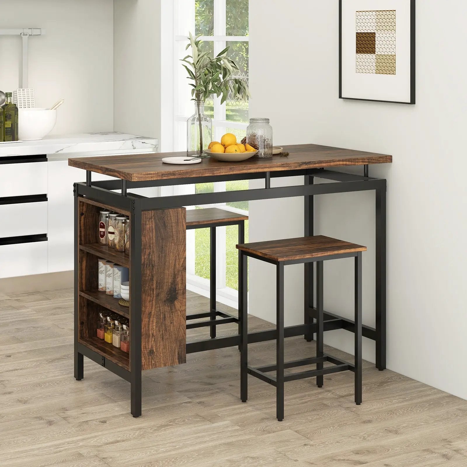 3 Pieces Dining Table Set with 3-Tier Storage Shelf and Metal Frame-Brown by DirectDeals