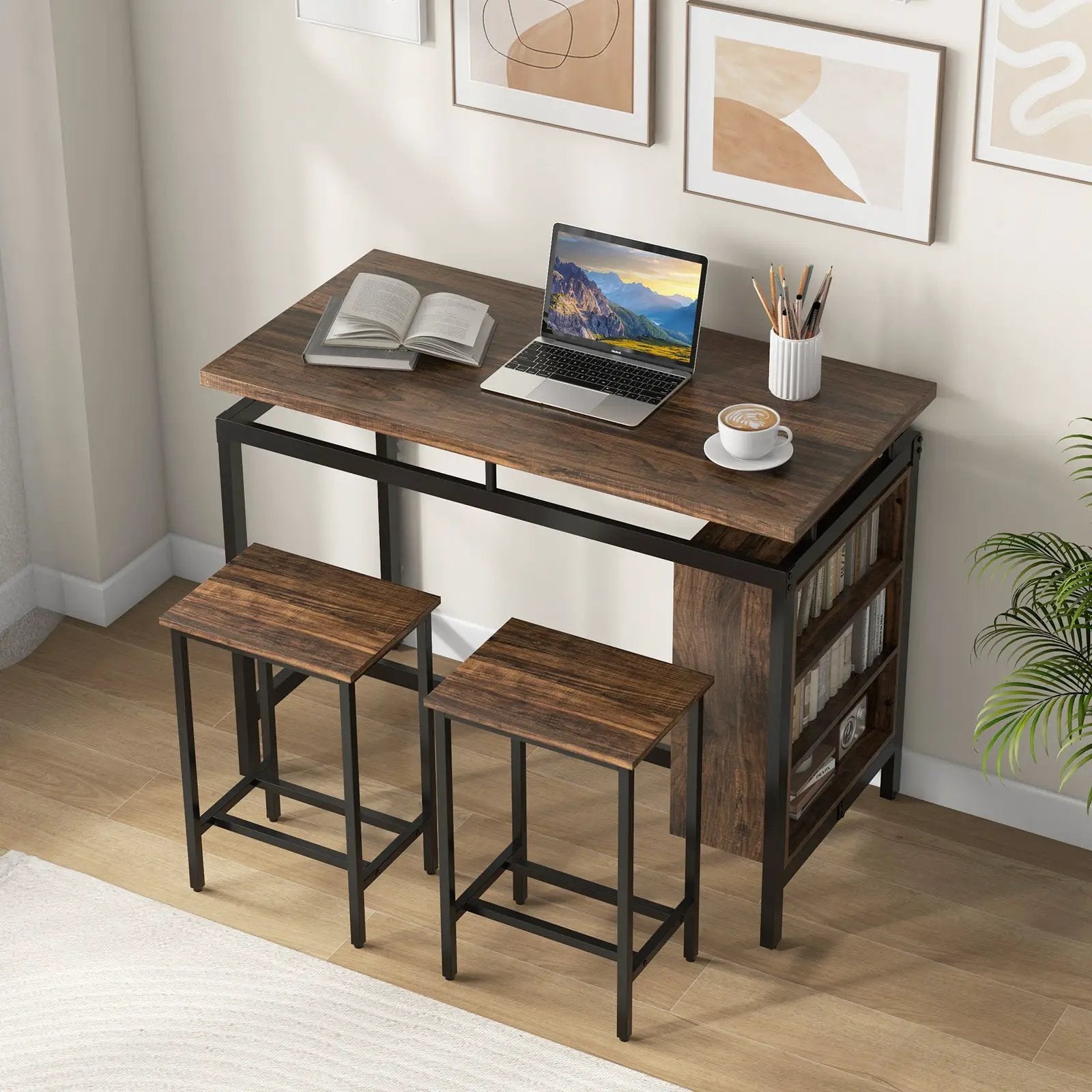 3 Pieces Dining Table Set with 3-Tier Storage Shelf and Metal Frame-Brown by DirectDeals